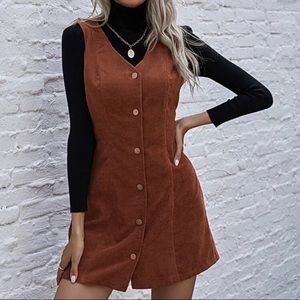Solid Button Through Corduroy Overall Dress